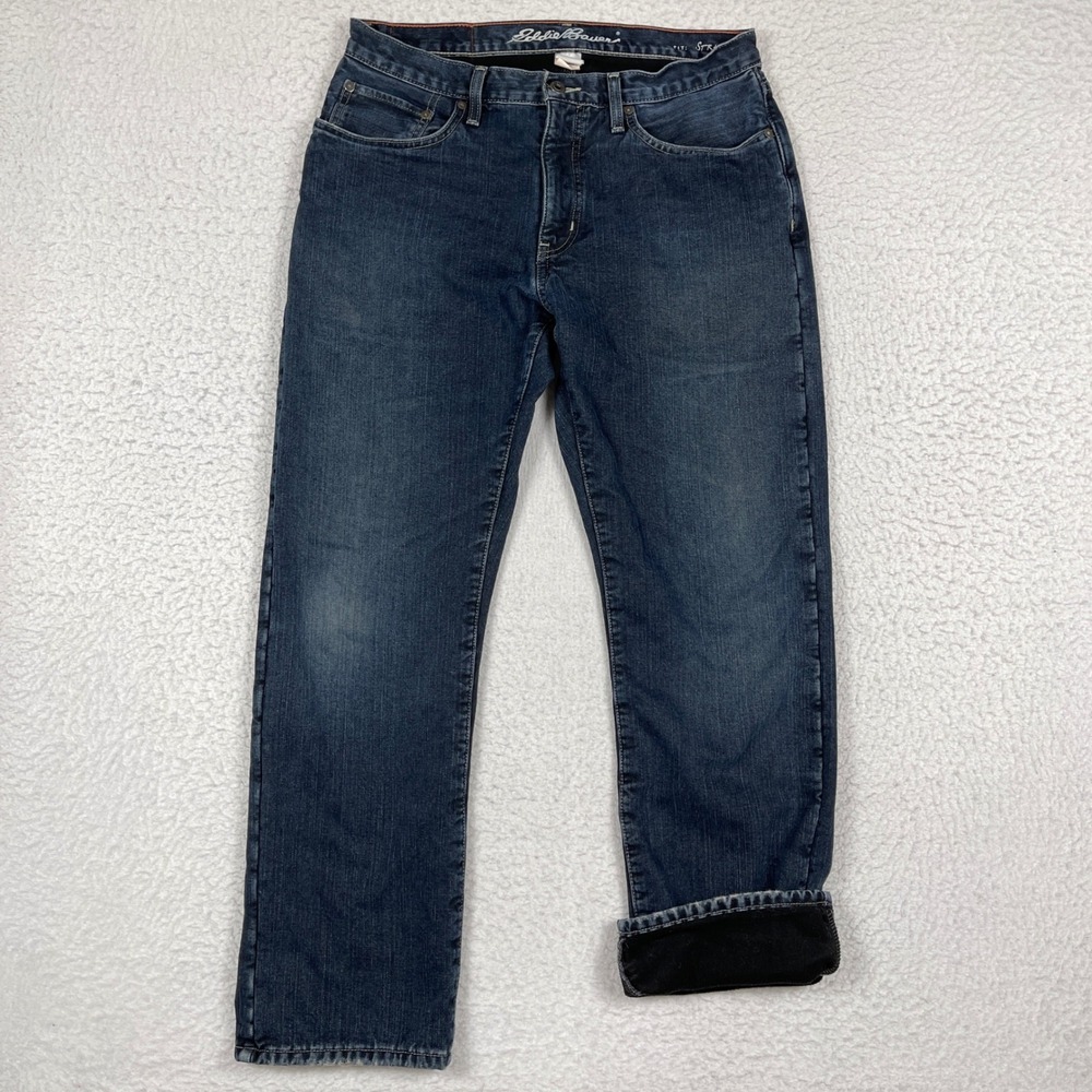 Eddie Bauer Fleece Lined Jeans Men 33x30 Blueโ Straight Leg Warm Winter Outdoor